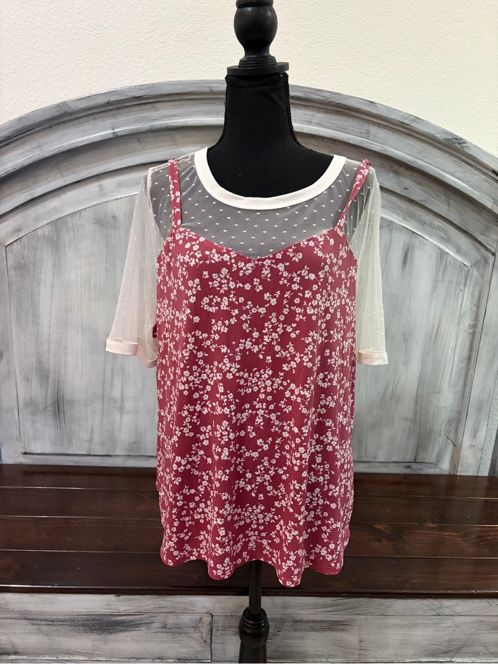 Lily White Maroon Floral Camisole with Sheer Cream Mesh Overlay